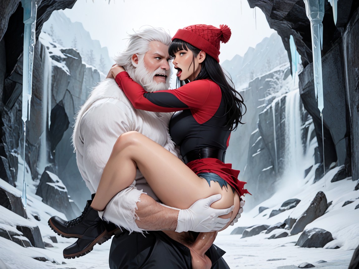 Yeti Fucking Her, Red Climbing Clothes, Side View AI Porn
