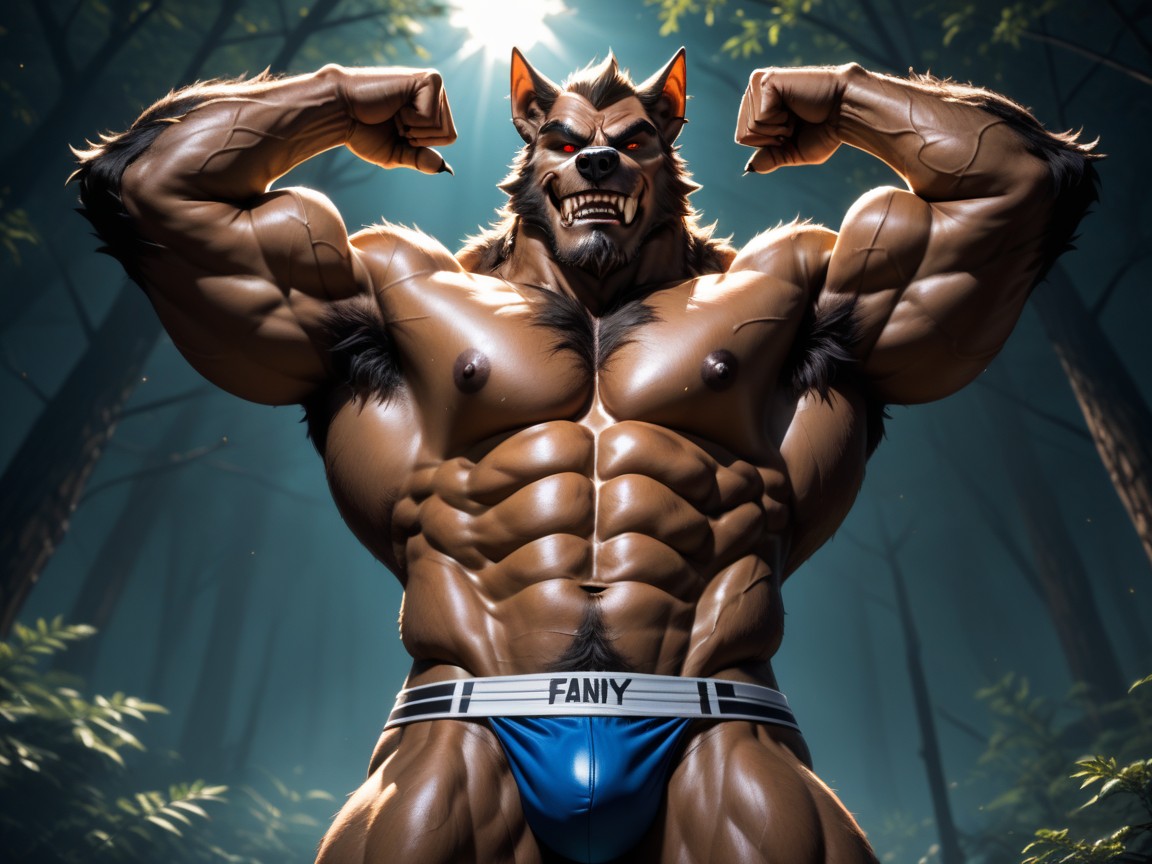 Bodybuilder Furry Werewolf Wearing A Gold, Dominant, Sexy AI Gay Porn