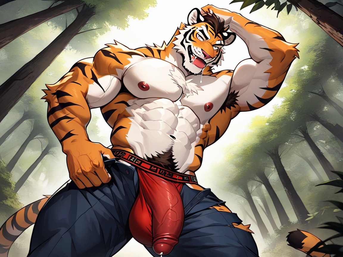 Charming Yet Scary Furry Anthropomorphic Tiger, 18+, Bulging Jockstrap AI Gay Porn