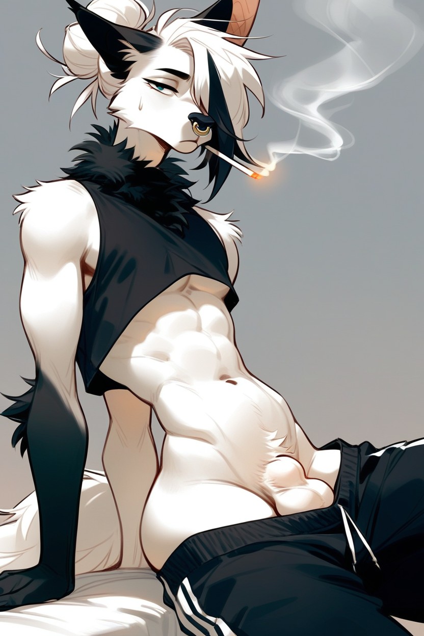 White Sweatpants Down, No Nipples, Looking At Viewer ファーリーAIポルノ