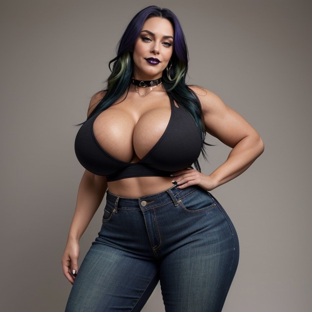 Massive Breast, Black Ripped Jeans Pants, Straight Long Hair AI Porn