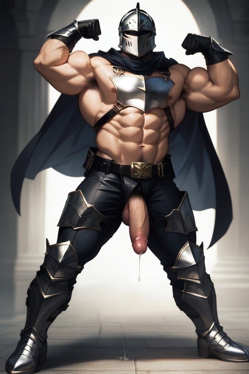Black Metal Armor Gloves, Exposed Penis, Flexing Muscle AI Gay Porn