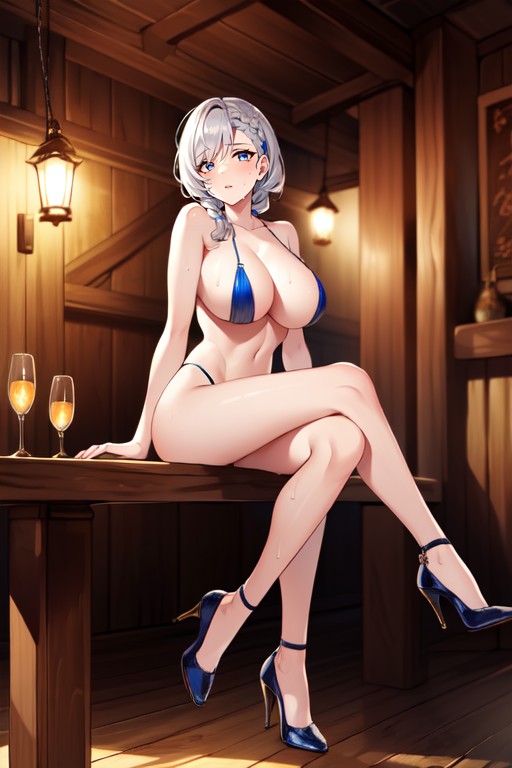 Full Naked, Delgada, Sitting On A Wooden Table Porno IA