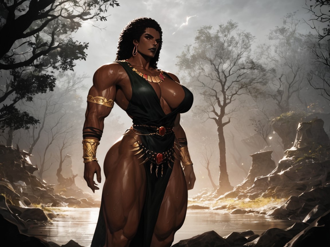 Chest Wider Than Hips, Wearing Camo Warrior Robes, Dark Brown Skin Porno IA Latina