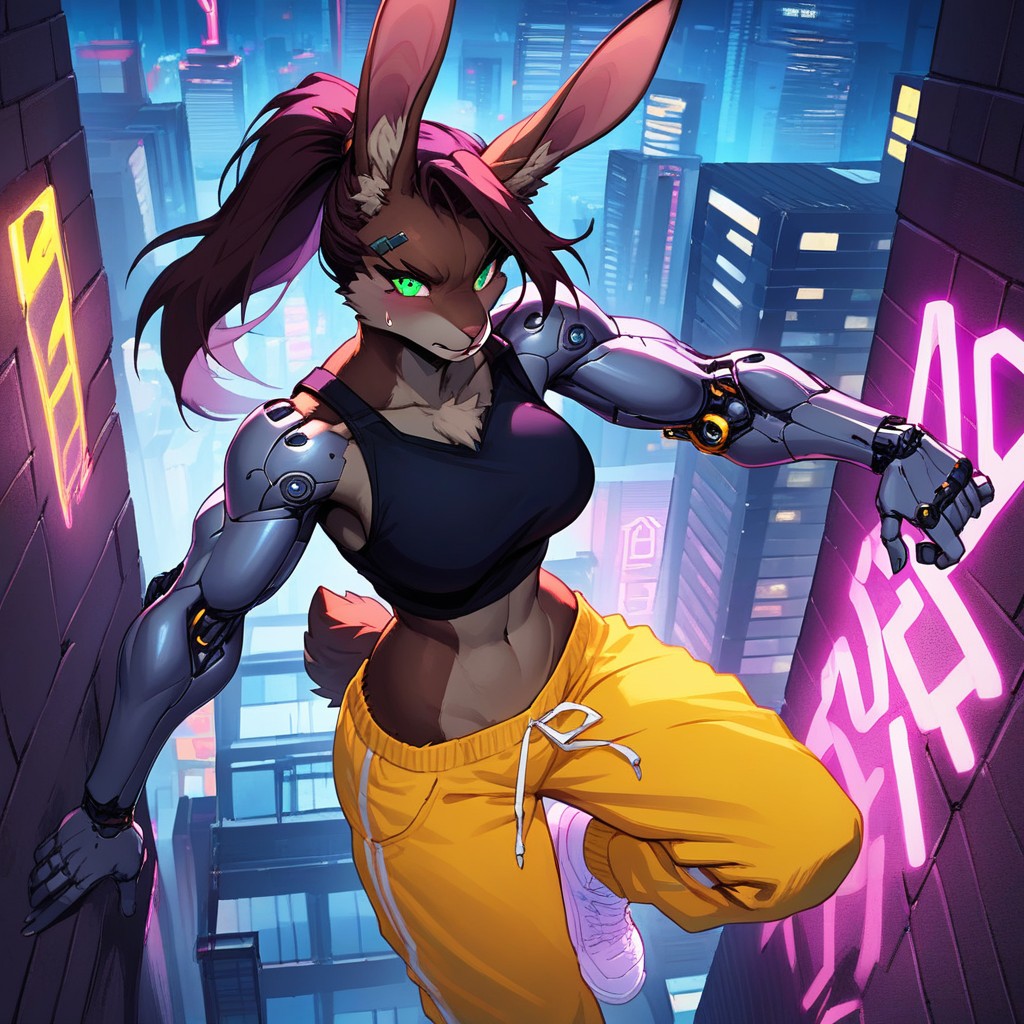 Parkour, Top View, Cyborg Rabbit Furry AI Porn