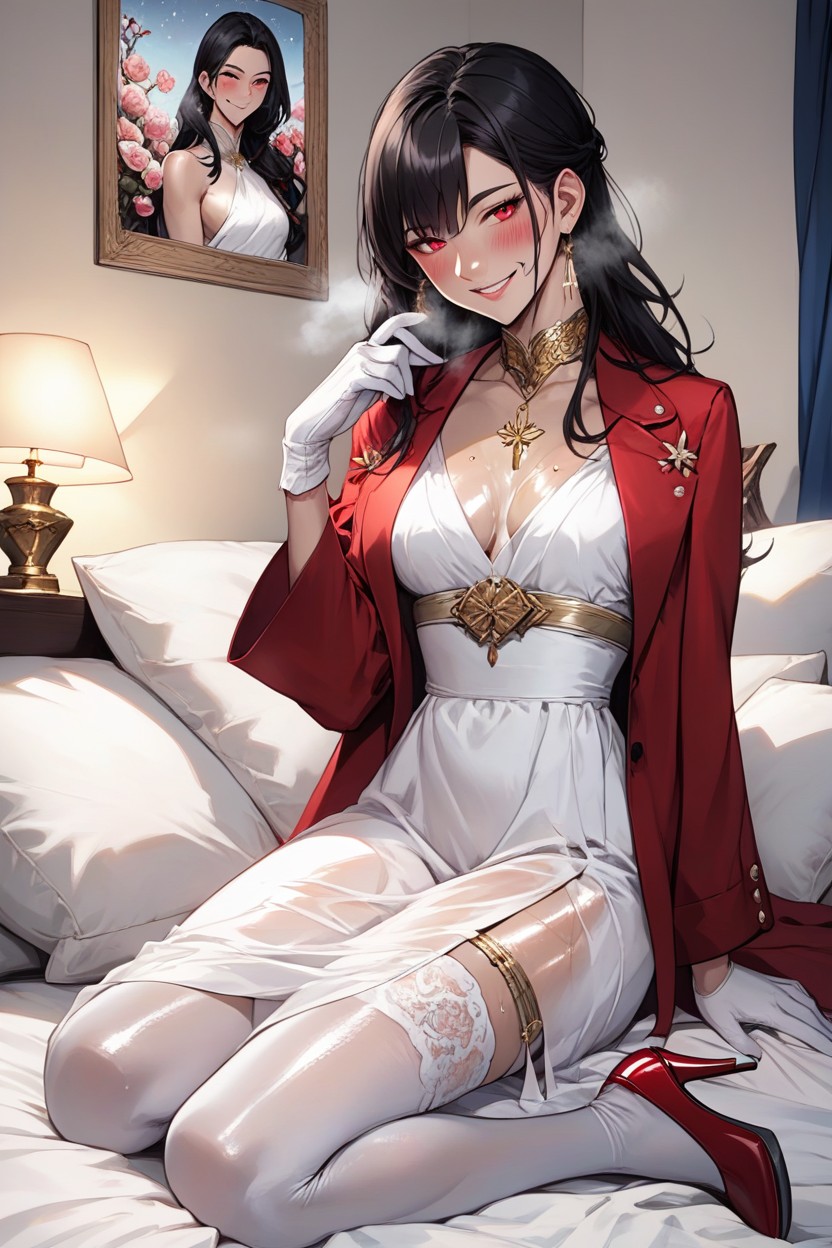 Intense Red Eyes, High Resolution, Blue Curtains Hentai AI Porn