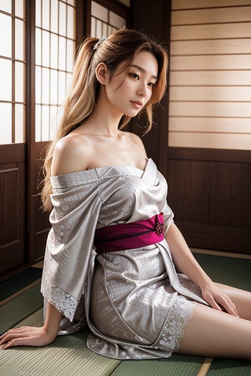 Silk Dress, 18+, Flowing Silver Blonde Hair That Cascades Down Her Back She Is Posed In A Semi Reclined Position AI Porn