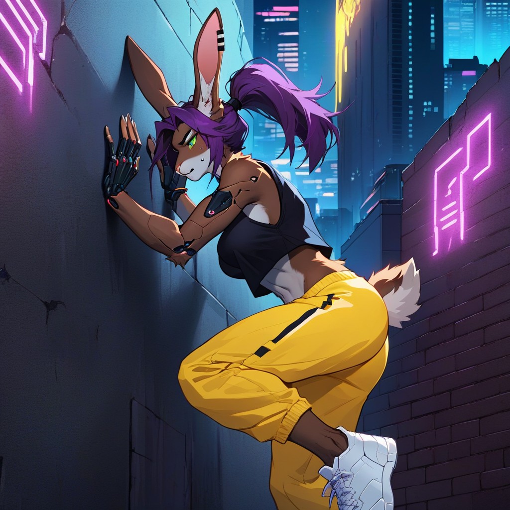 Neon Lights, Dark Purple Fingerless Gloves, Climbing Building Wall ファーリーAIポルノ