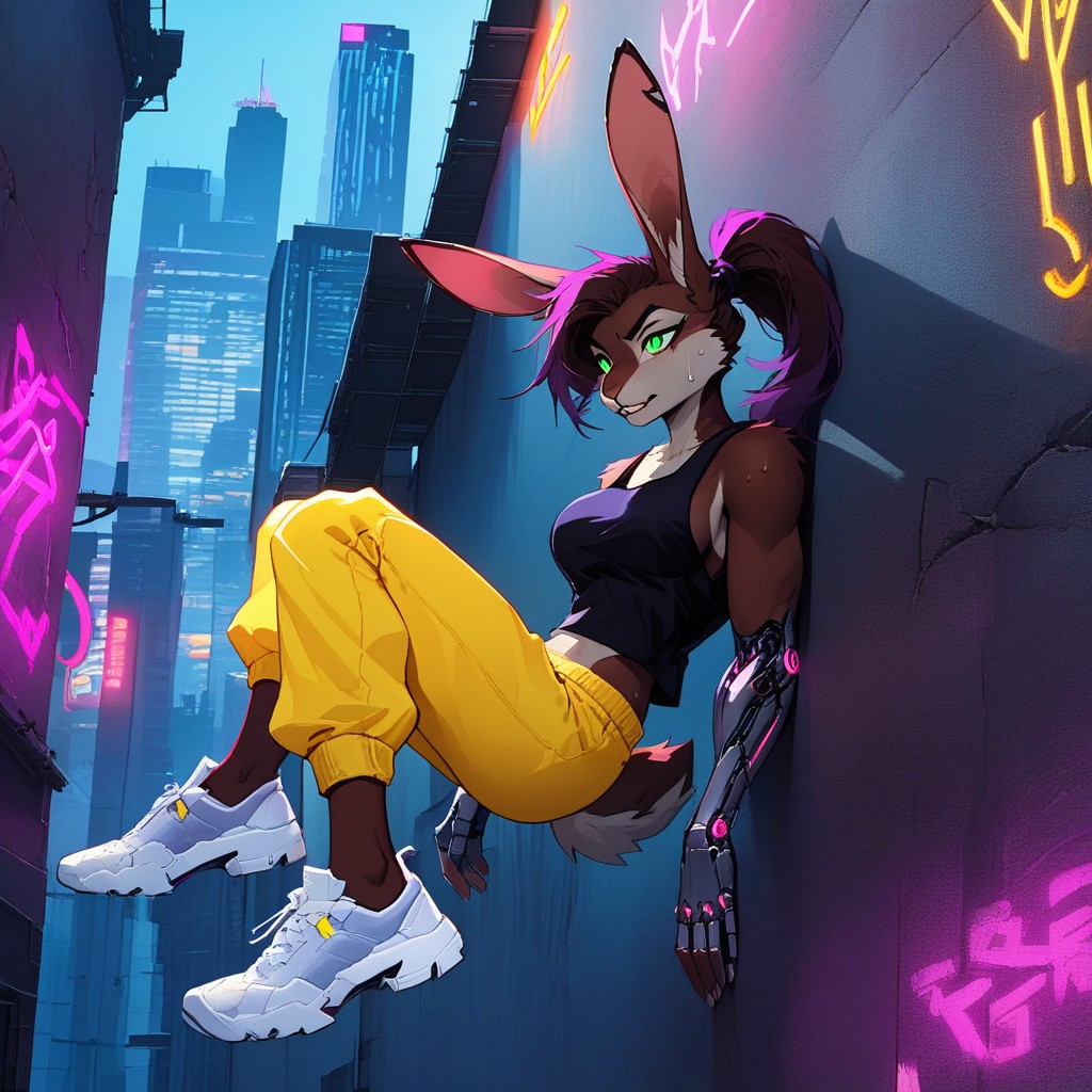 Yellow Loose Sweatpants, She Is In Mid-air, Female ファーリーAIポルノ