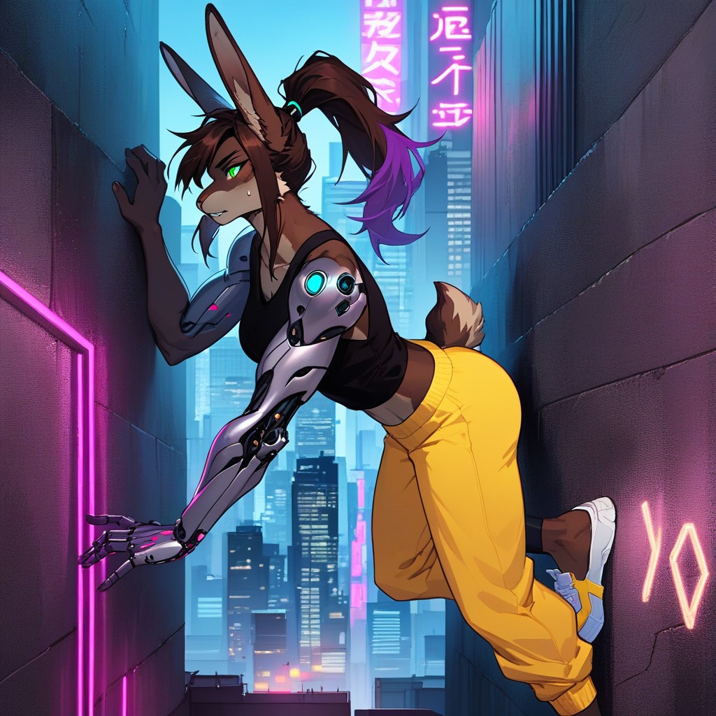 Crawling The City Wall On All Fours, Focus Expression, Thick Fit Body Furry AI Porn