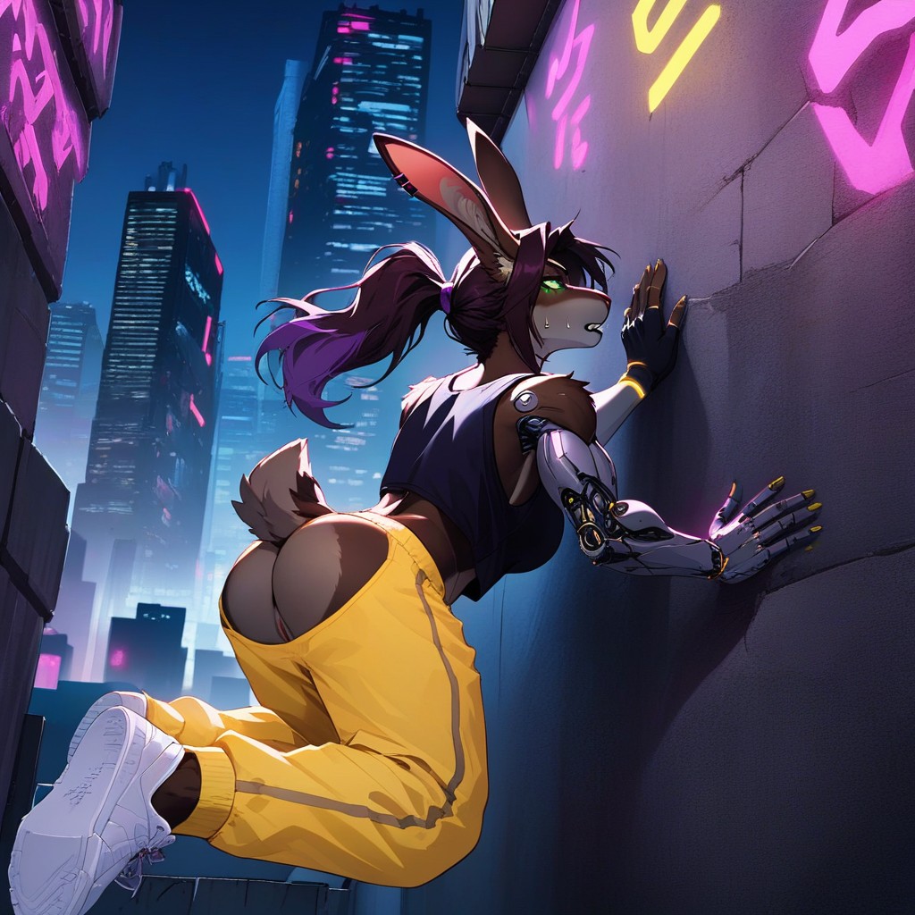 Detailed Green Eyes, Mid-air, Neon Purple Ponytail Furry AI Porn