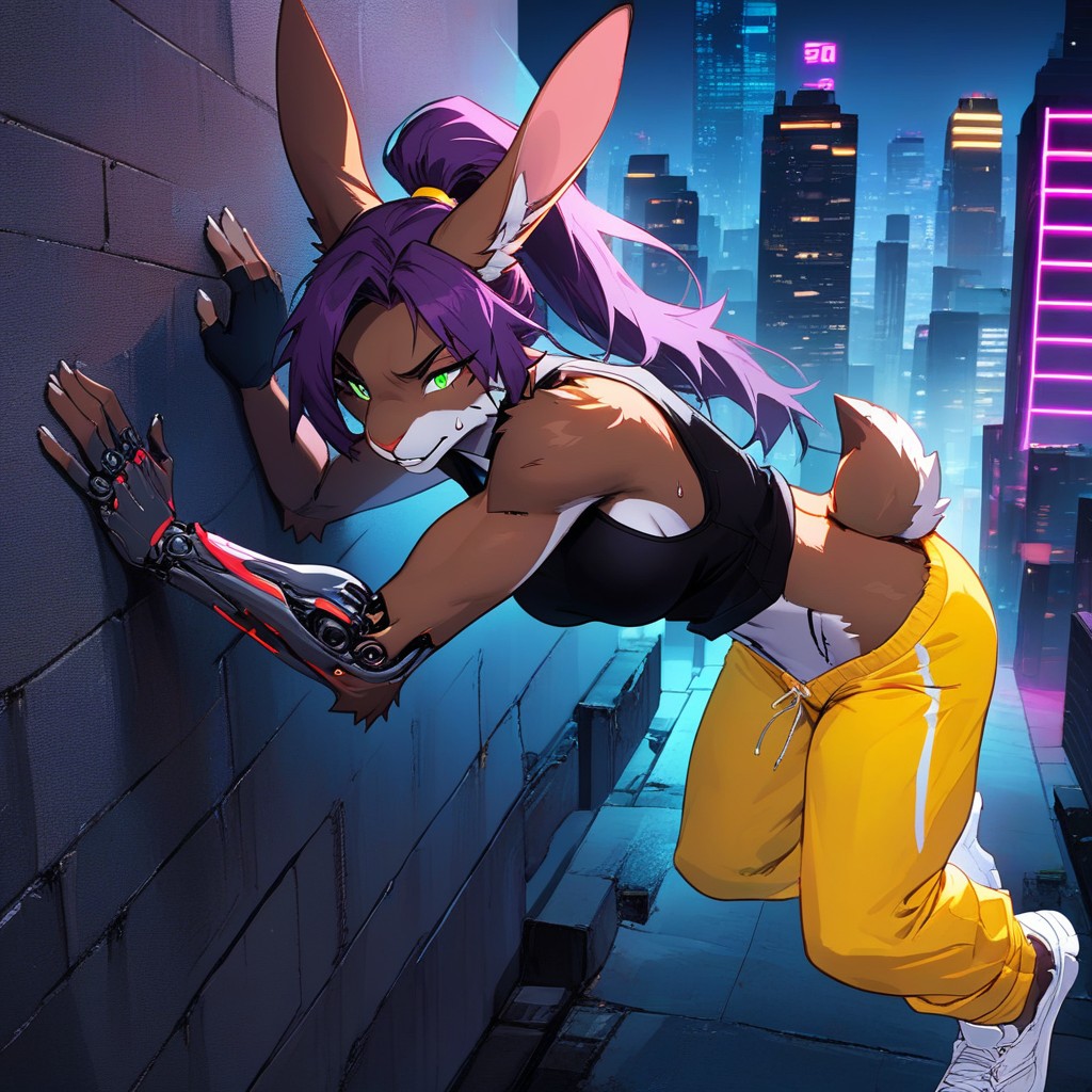 Cyberpunk Night City Backstreet, Dynamic Movement, Facing The City Wall Furry AI Porn