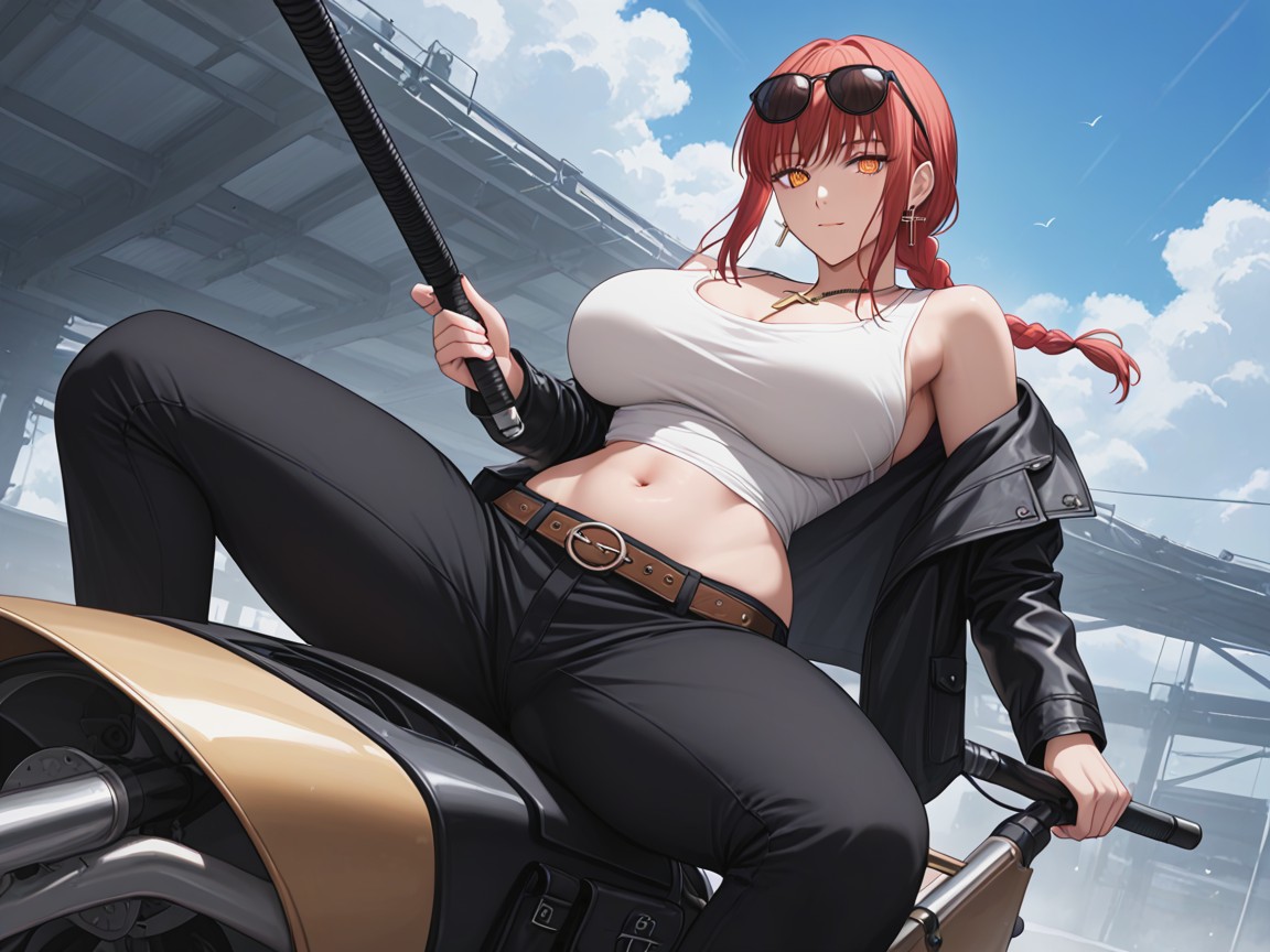 Wears A White Tank Top, Riding Ride Machine, Spread Legs Stance AI Porn