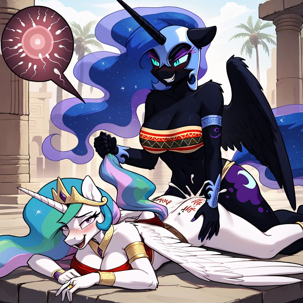 Rounded Ass, Nightmare Moon Smirks, Princess Celestia Lies With Her Stomach On The Table Furry AI Porn