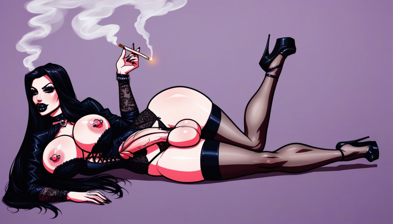 Legs Spread, Showing Crotchless Lace Panties, Goth AI Porn