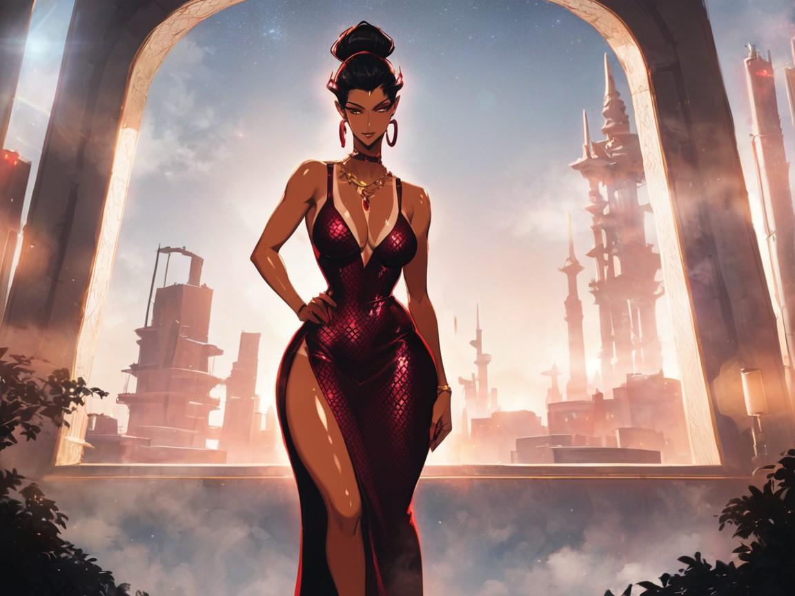 Alien Planet Location, Tocándose La Cara, Neon Red Accents On Dress Porno latina IA