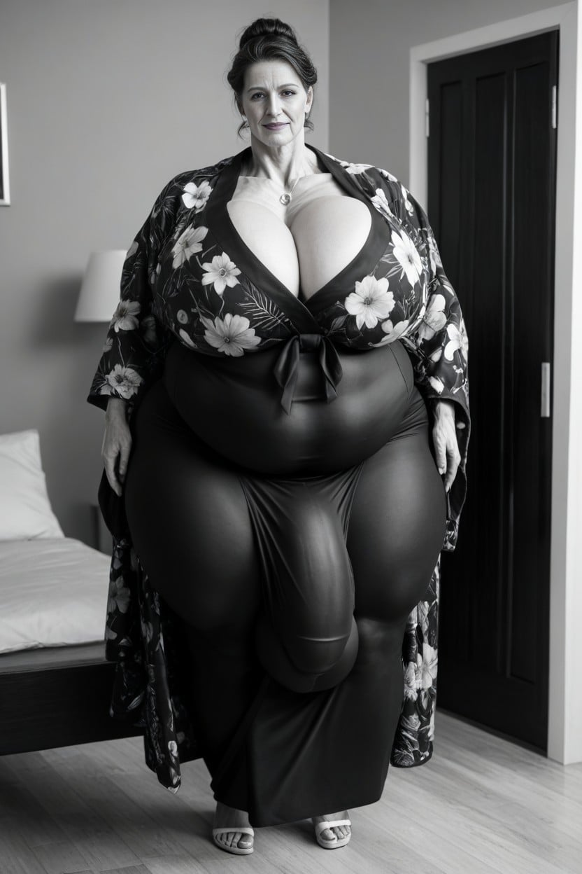 Tall Messy Bun, Extremely Wide Hips, Fully Clothed AI Porn