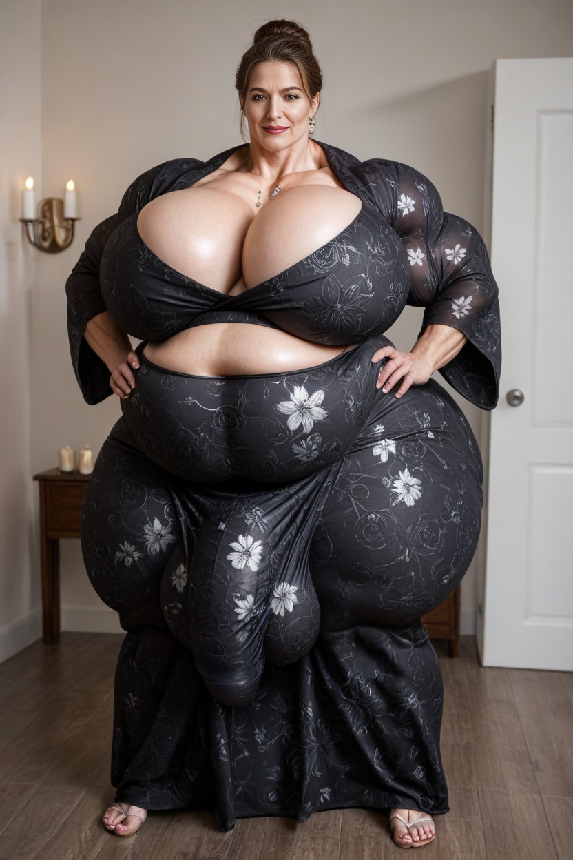 Black Flower Print Robe, Brunette, Brown Hair AI Porn