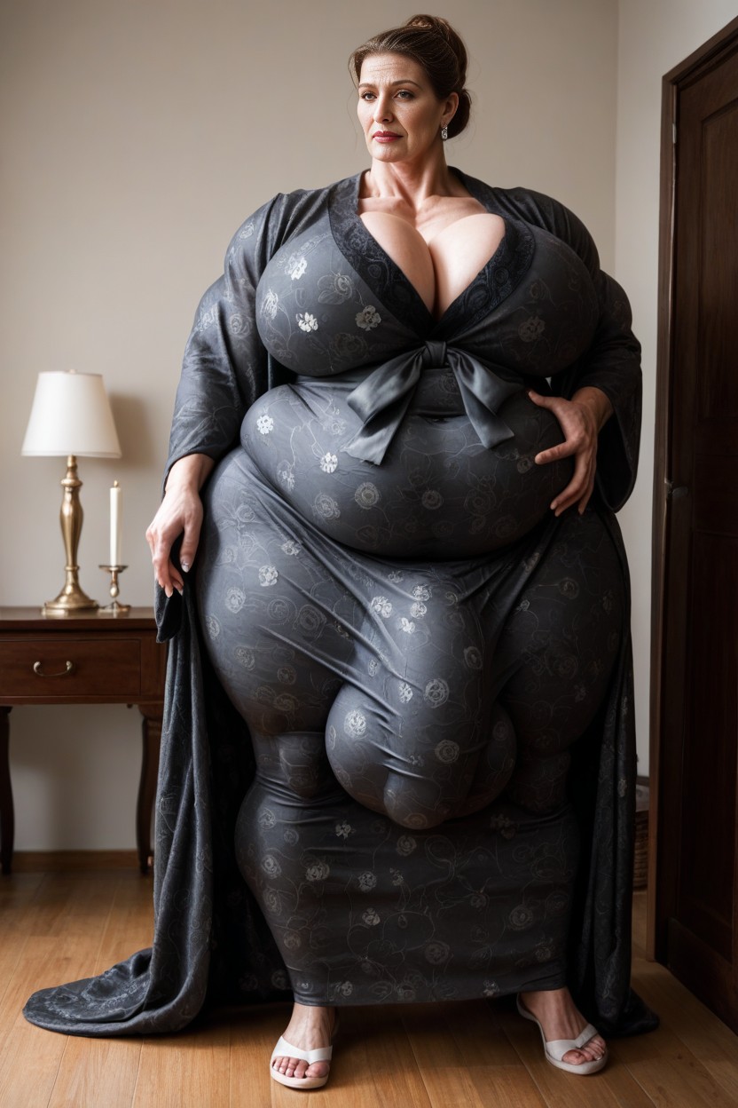 Fully Clothed, Black Flower Print Robe, Standing AI Porn