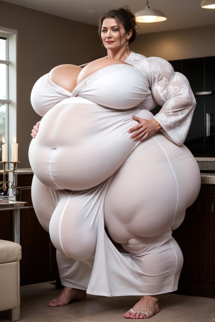 Standing Kitchen, Brown Hair, Gigantic Muscular Breasts AI Porn