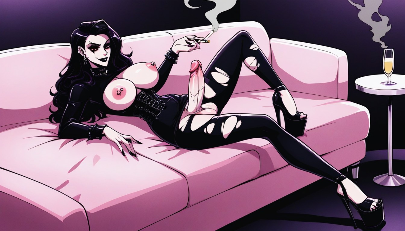 Platform Heels, Ripped Stockings, Long Black Hair AI Porn