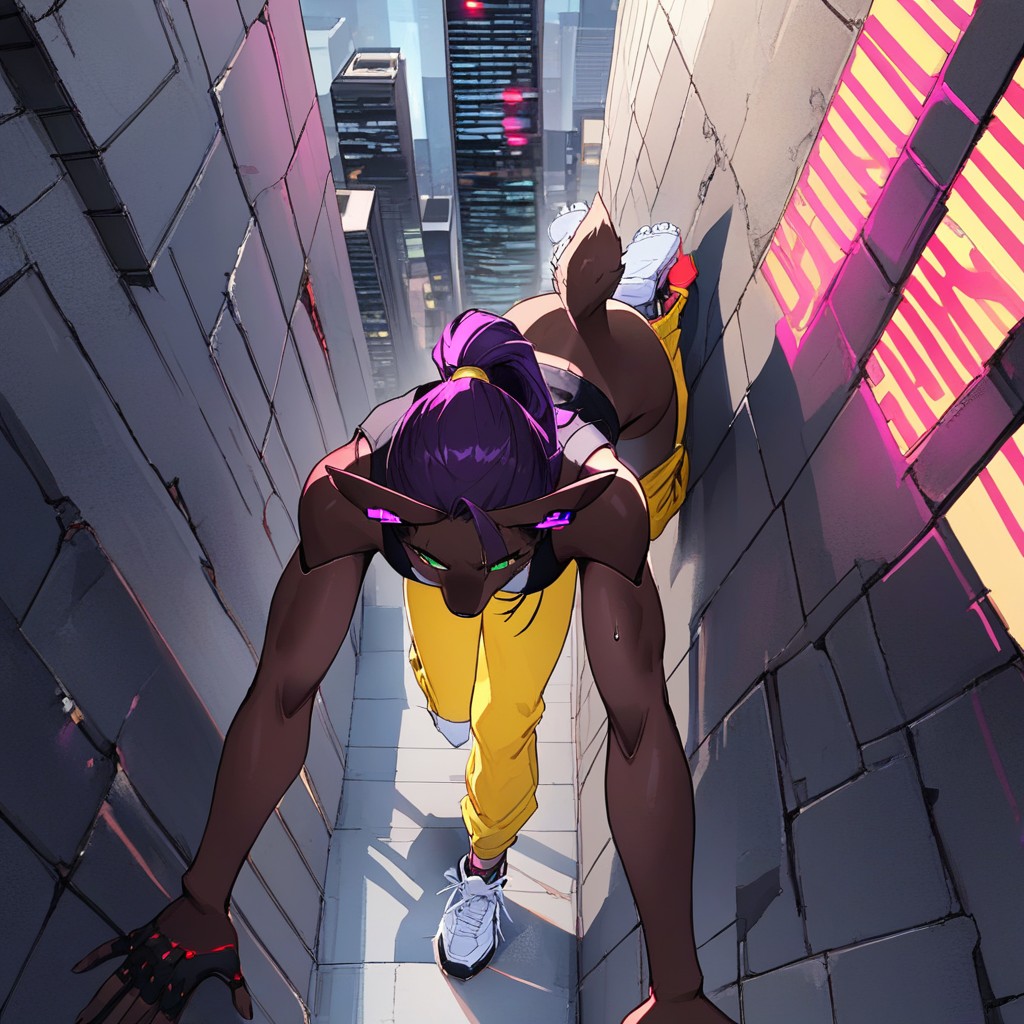 High In The Air, Focus Expression, Cyberpunk Night City Backstreet Furry IA
