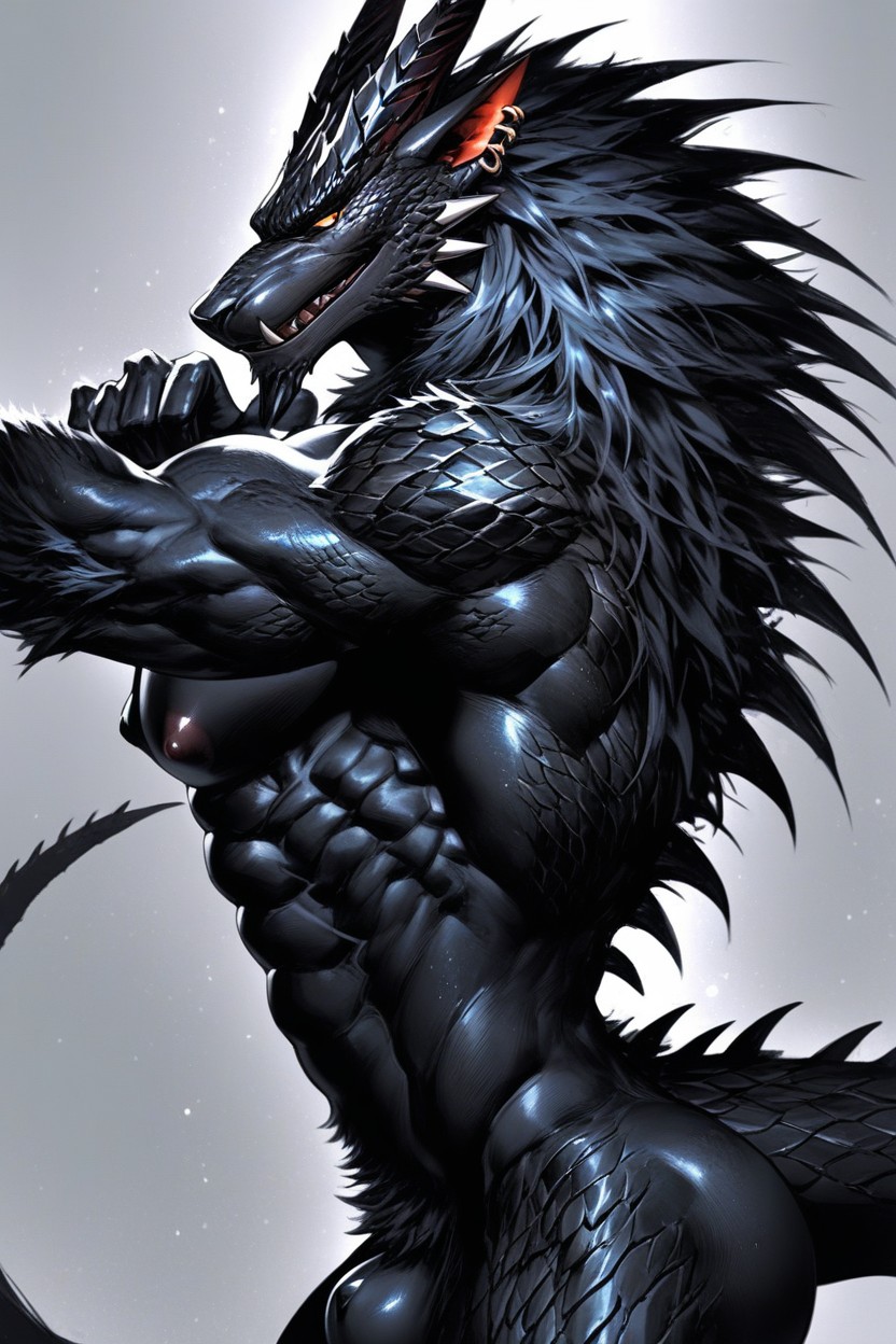 Horns, Stretching, Black Scales On Stomach Furry AI Porn