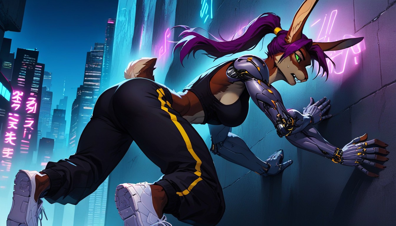 Her Feet Are Sticking To The Wall, All Fours Position, Dark Purple Fingerless Gloves Furry AI Porn