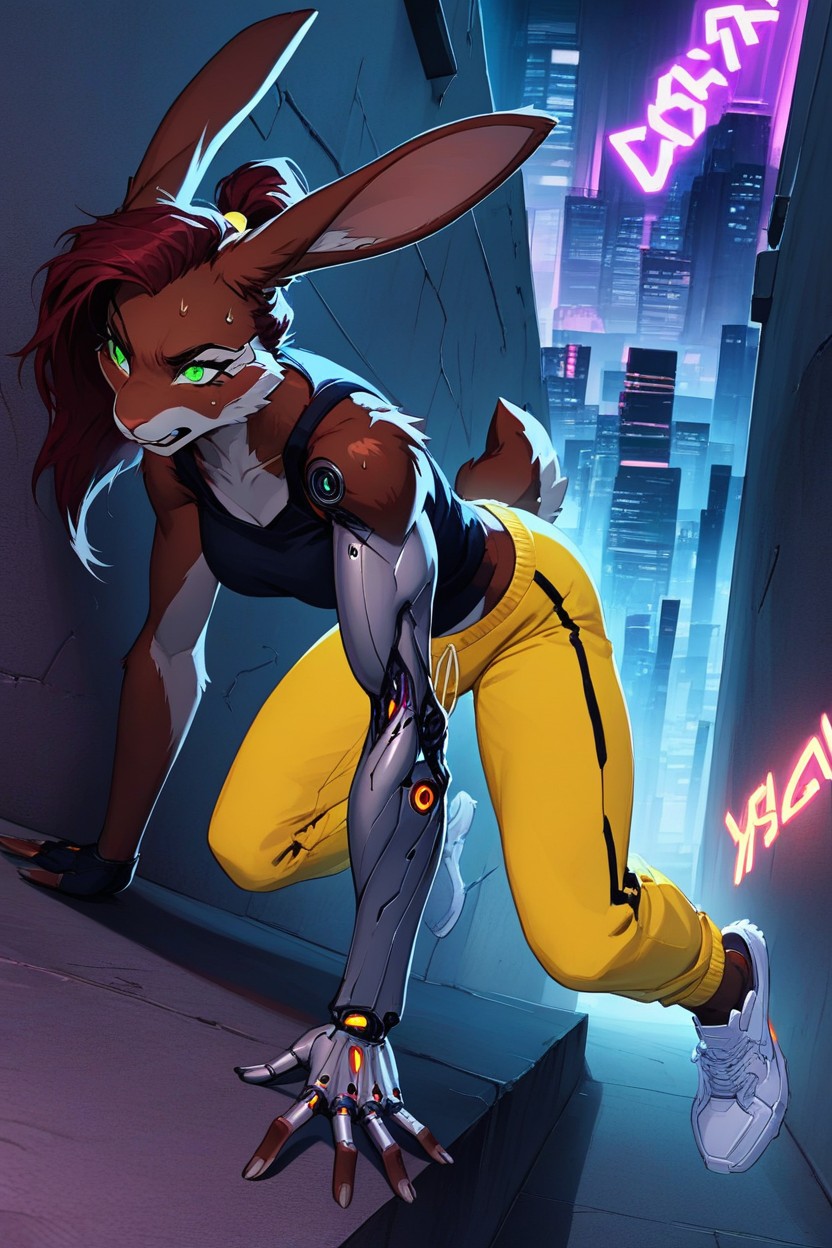 No Floor Below, Neon Purple Ponytail, Clinging To The Wall With All Four Limbs Furry AI Porn