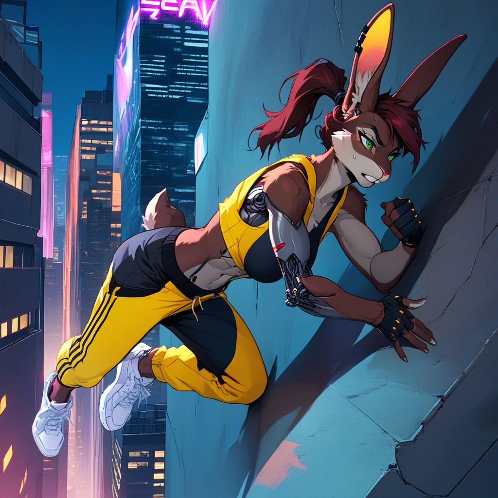 Clinging To The Wall With All Four Limbs, She Is In Mid-air, Aerial View Background Furry AI Porn