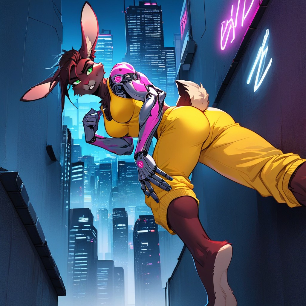 Dark Brown Body Fur, Neon Lights, Yellow Loose Sweatpants Furry AI Porn