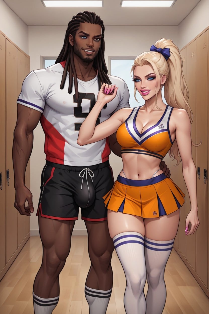 Light Pink Makeup, 18+, Woman In Blue And White Cheerleader Costume AI Porn