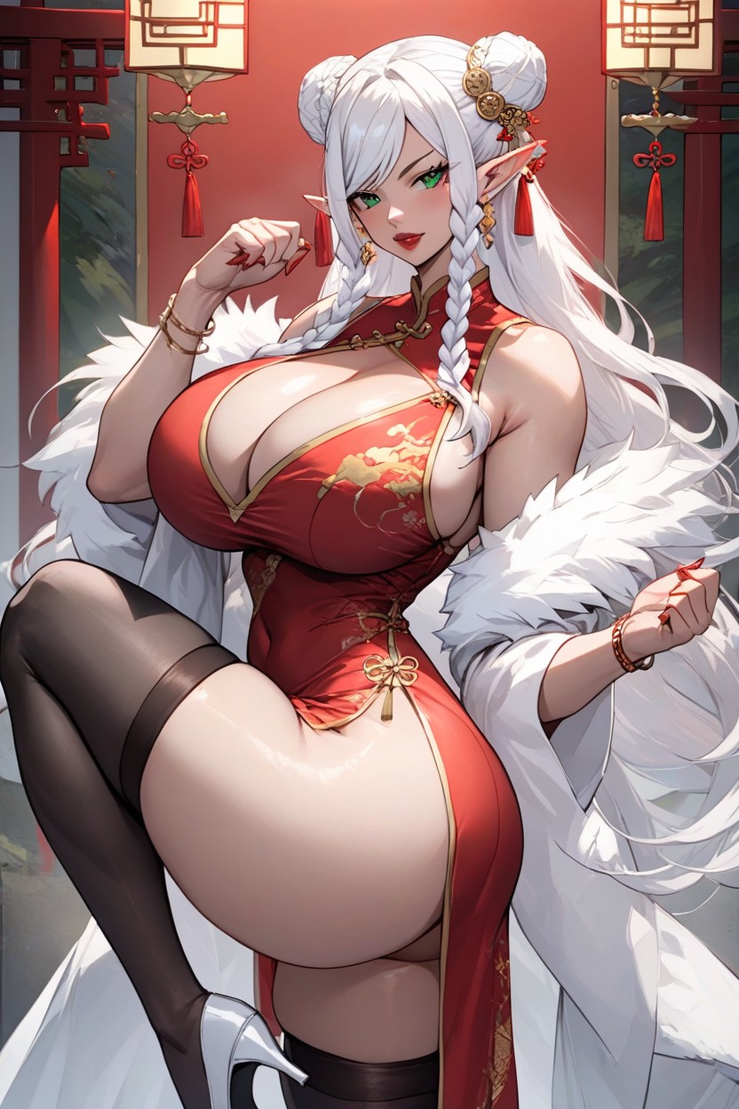 Red Fingernails, White Hair, Hair Hairbun Blue Hentai AI Porn