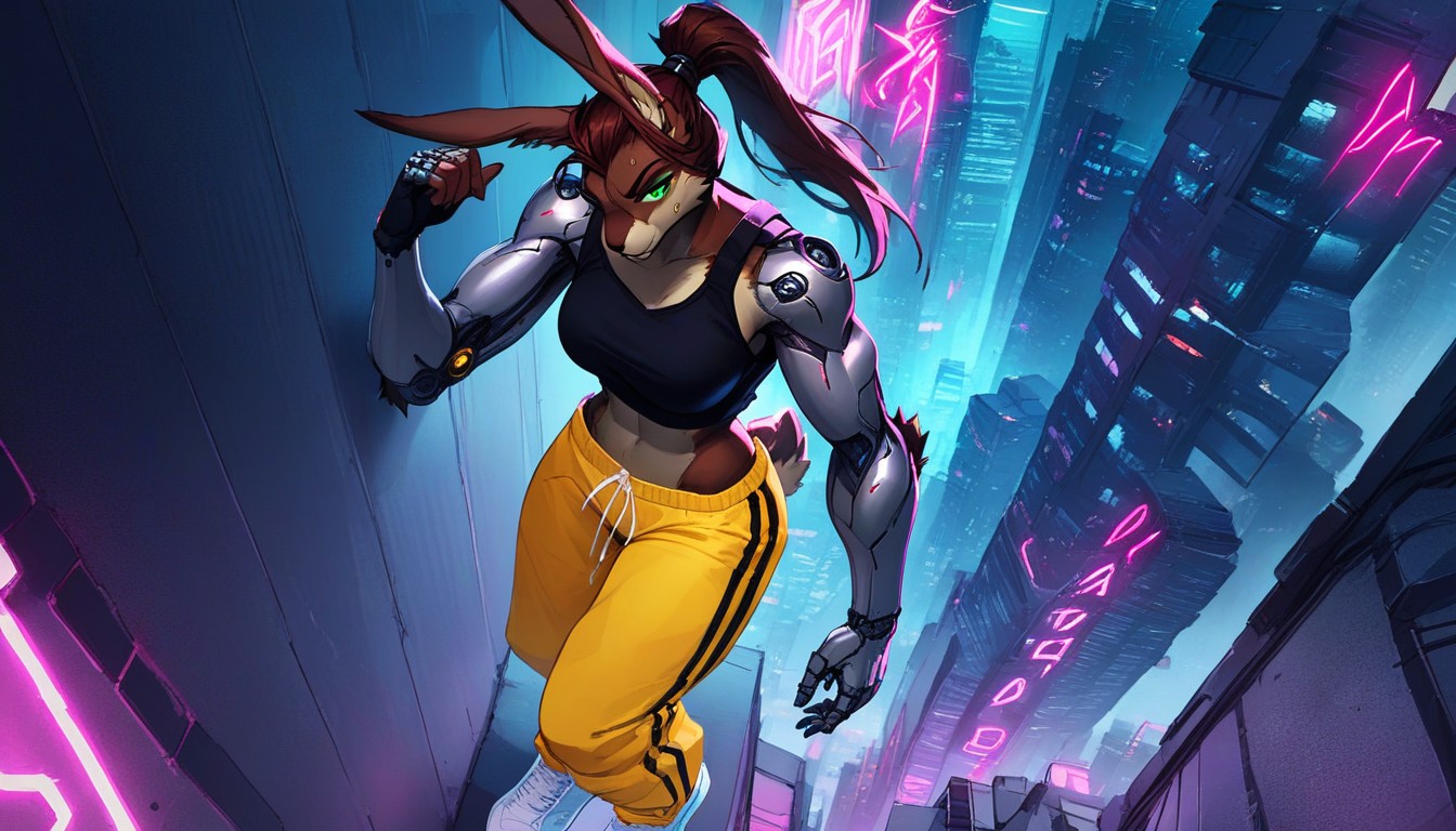 Focus Expression, Cybernetic Arms, Neon Lights Furry IA
