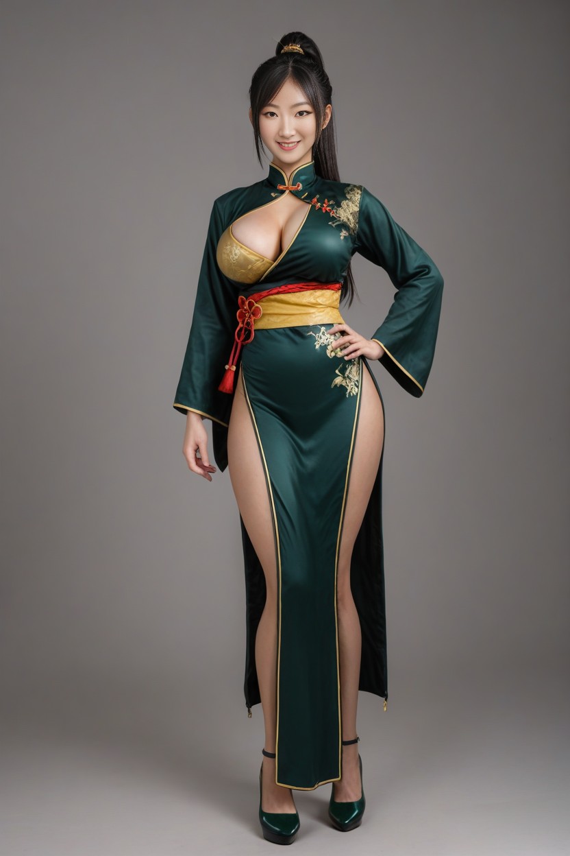 Jet Black Hair, High Neckline, Double Slit AI Porn