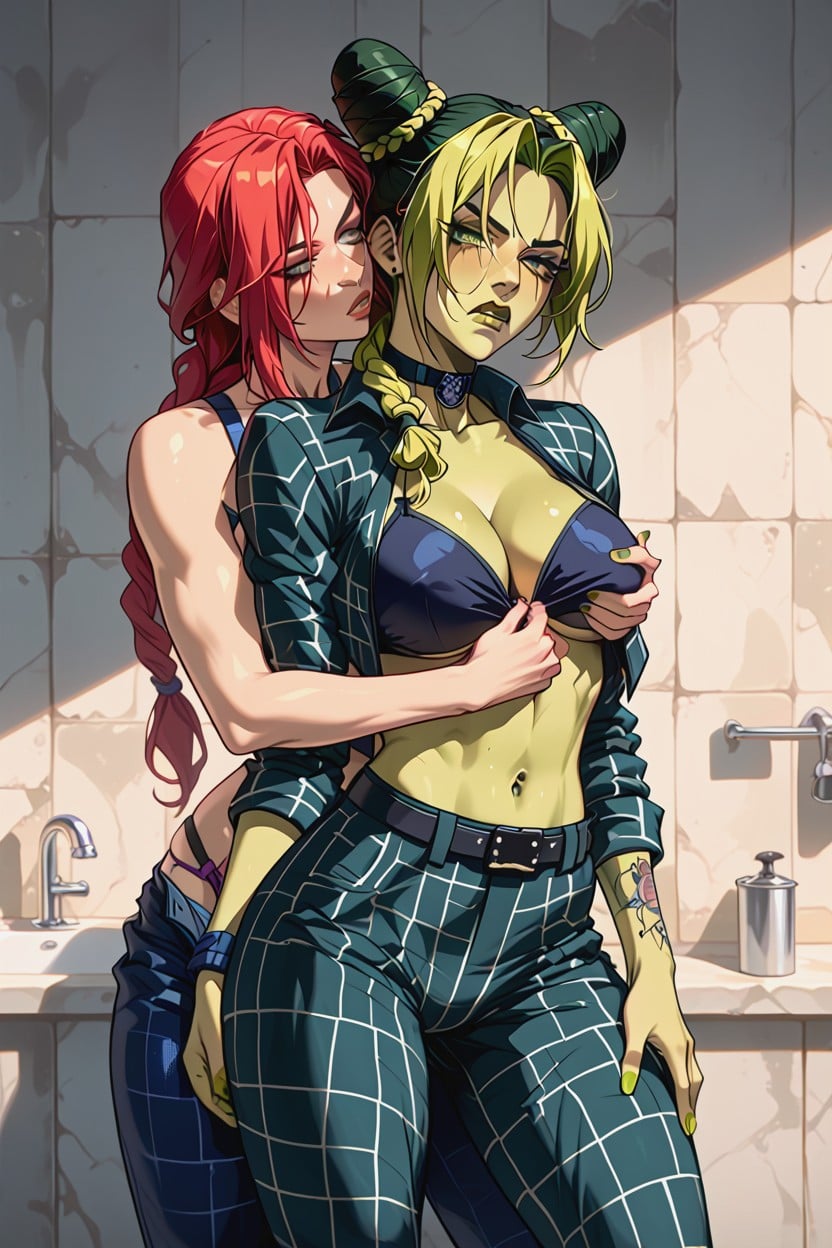 Jolyne Getting Her Tits Groped, Lesbian Relationship, Prison Cell Hentai AI Porn