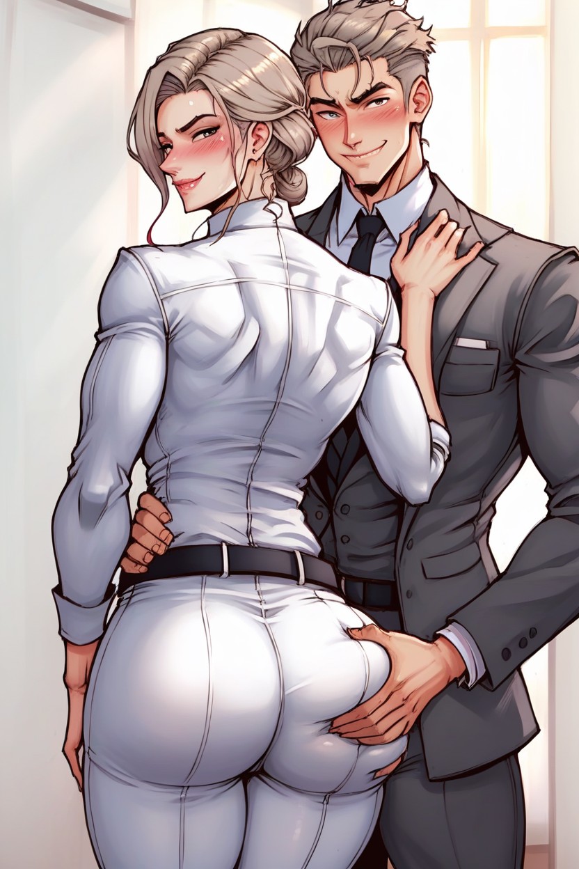 Tight Suit, Blush, Man Behind Woman AI Porn