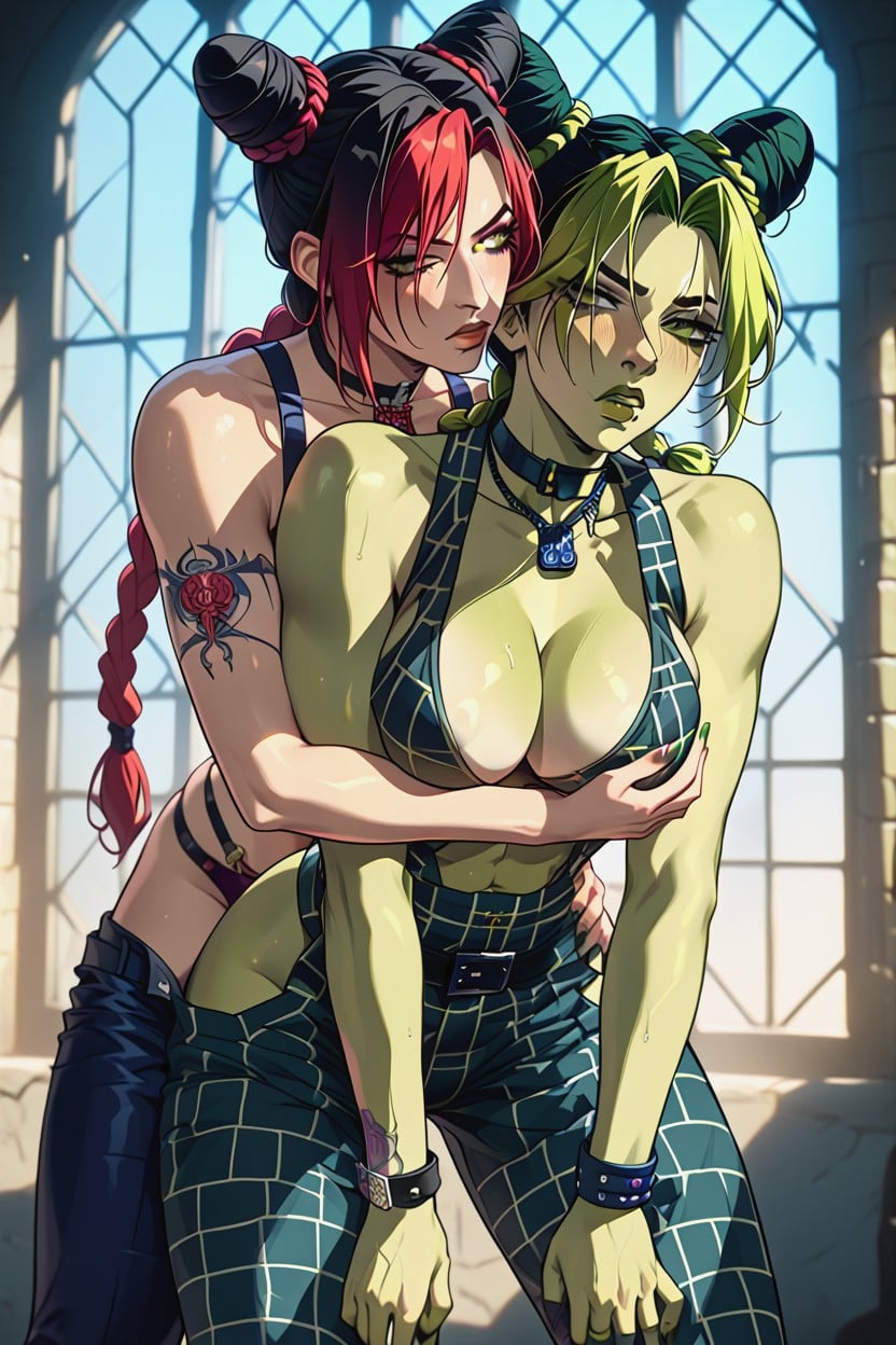 Makima Kissing Jolynes Neck, Jolynes Tits In Makimas Hands, Makima Gropes Tits Hentai AI Porn