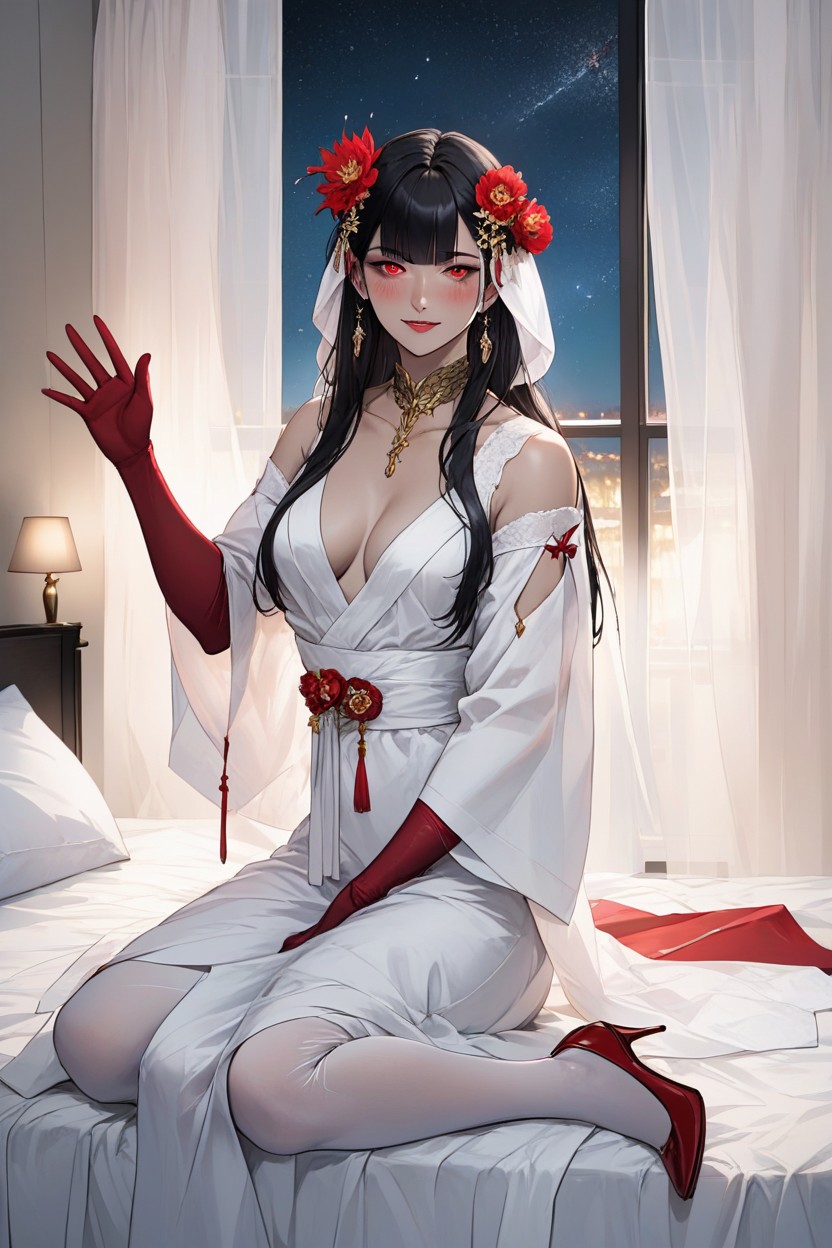 Best Illustration, Red Long Gloves, Japanese Woman Hentai IA