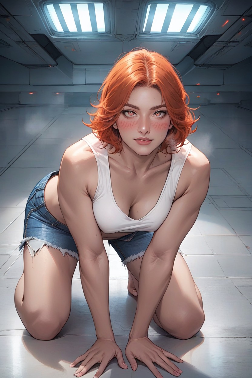 Low Rise Denim Shorts, Chested, Thick Eyelashes Hentai IA