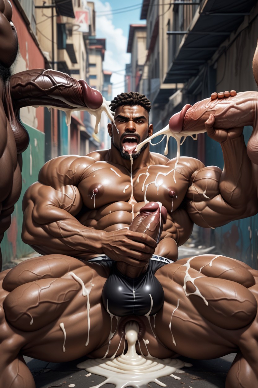 Lying On Back, Swollen Nipples, Many Men With Their Pants Down Standing Around AI Gay Porn
