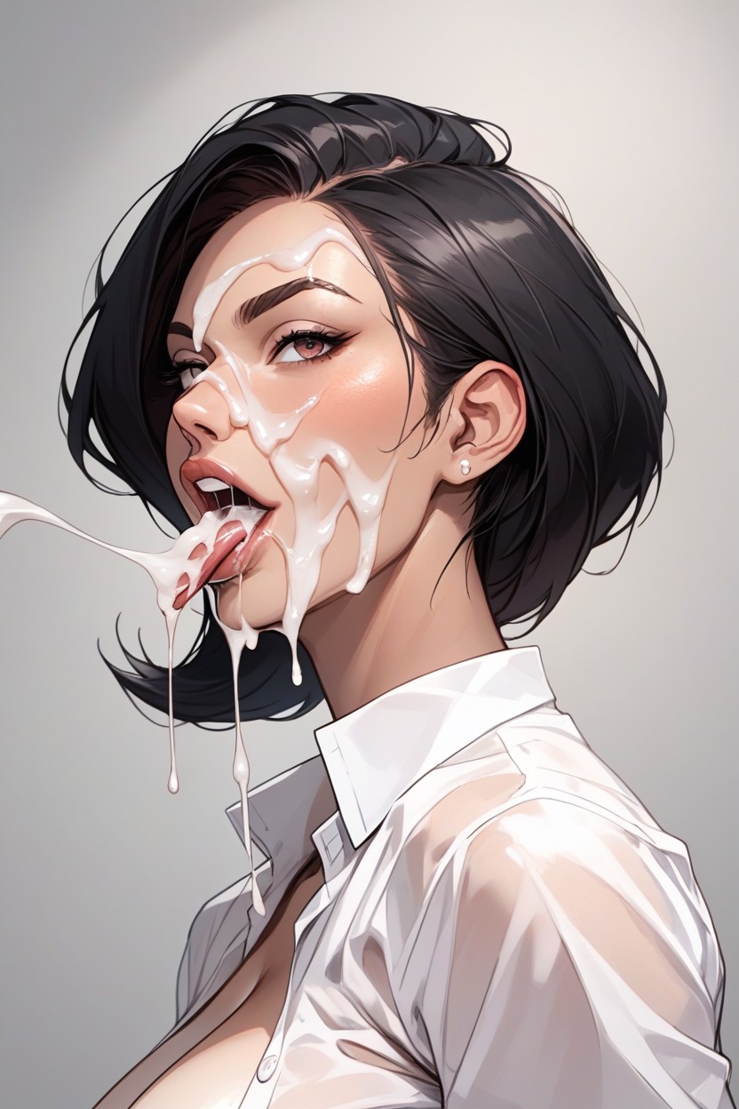Dark Black Hair, Massive Cumshot On Lips, Waist Shot AI Porn