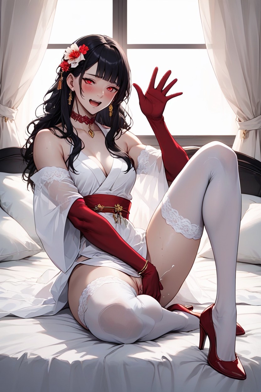 Black Hair With Blunt Bangs, Fit Body Type, Embarrassed Hentai AI Porn