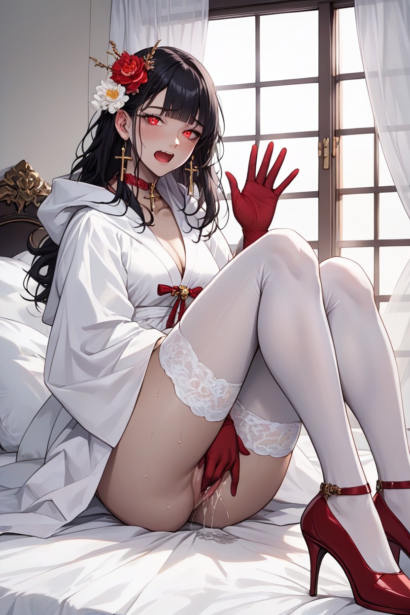 Waving At Viewer, Bedroom, Black Hair With Blunt Bangs Hentai AI Porn