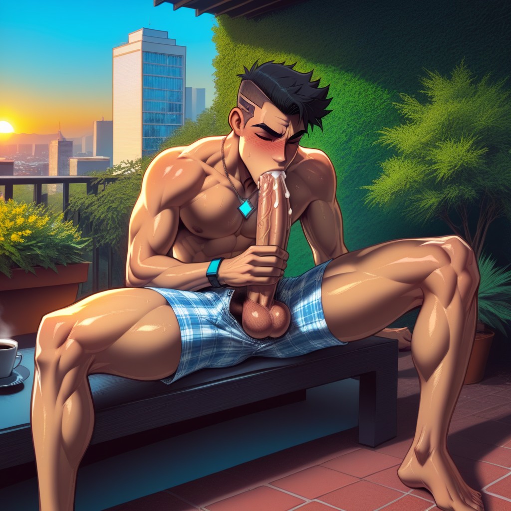 Hyper Long Oversized Penis, Oiled Skin, Plaid Cotton Shorts Pulled Down AI Gay Porn
