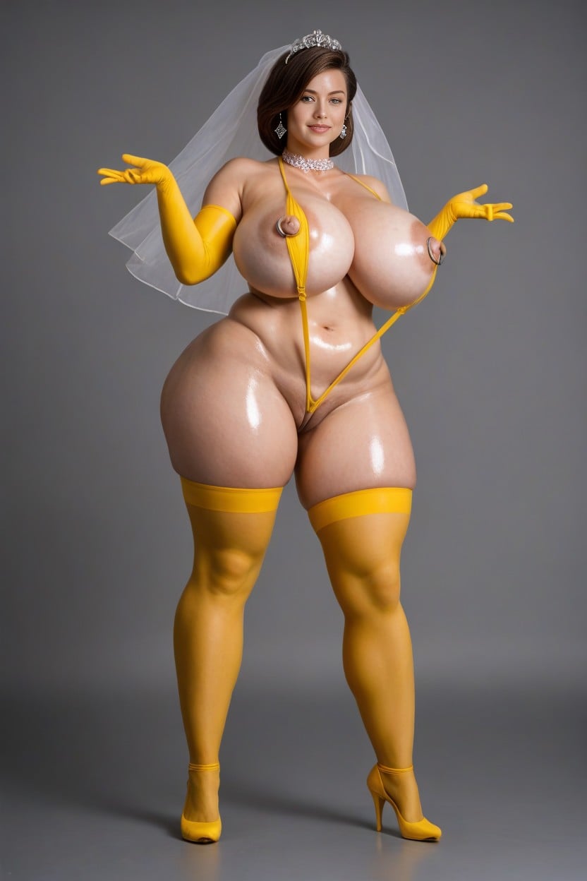 Long Elbow Lingerie Yellow Gloves, Long Diamond Necklace, Bbw Supermodel Body Type AI Porn
