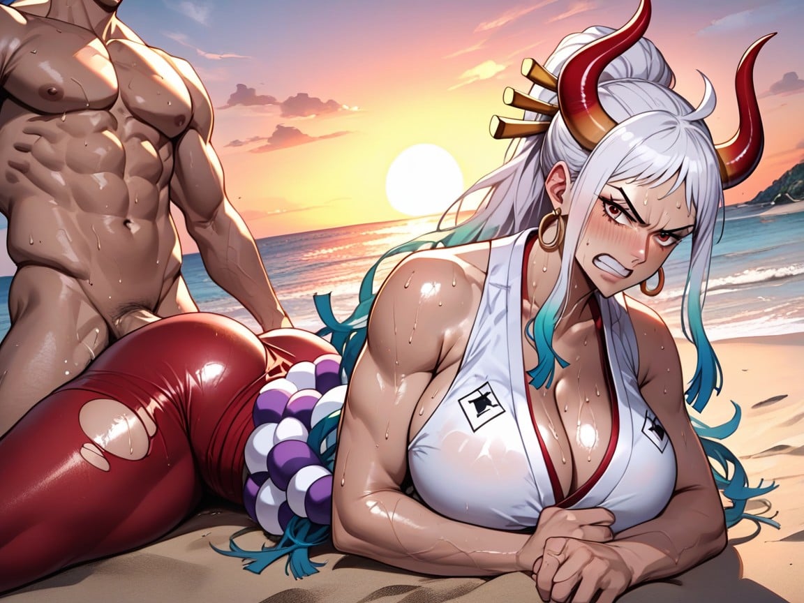 Bust Shot, White And Red Sneakers, Highly Detailed Sweat Hentai AI Porn