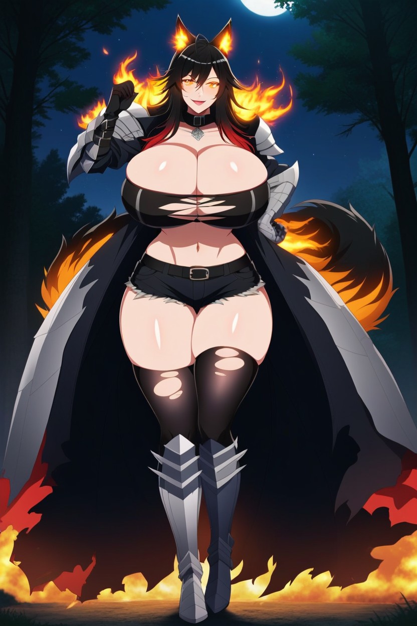 Smile, Ripped Torn Black Thigh Highs, Black Fiery Hair AI Porn