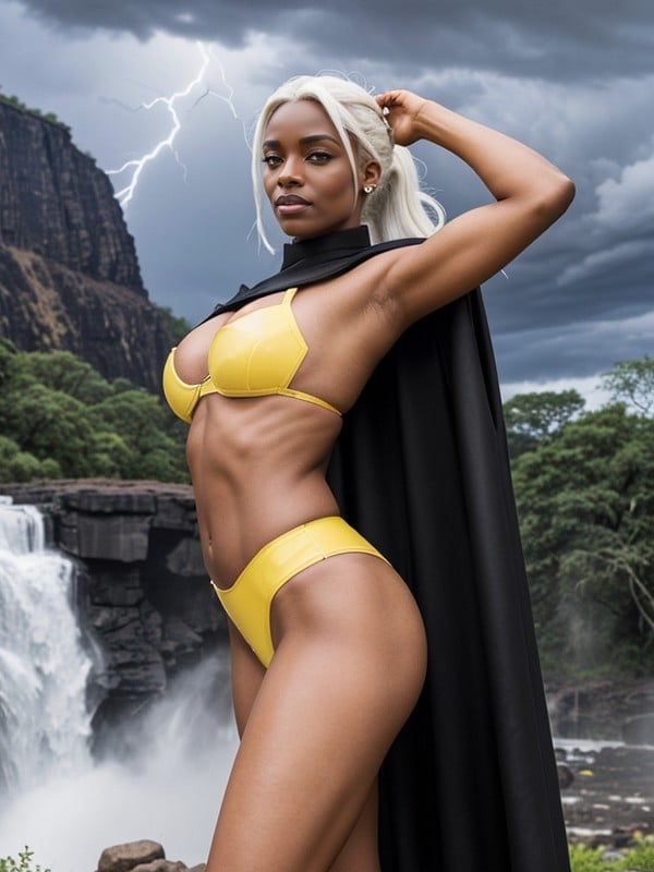 White Hair, Dark Skin, Long Black Cape AI Porn