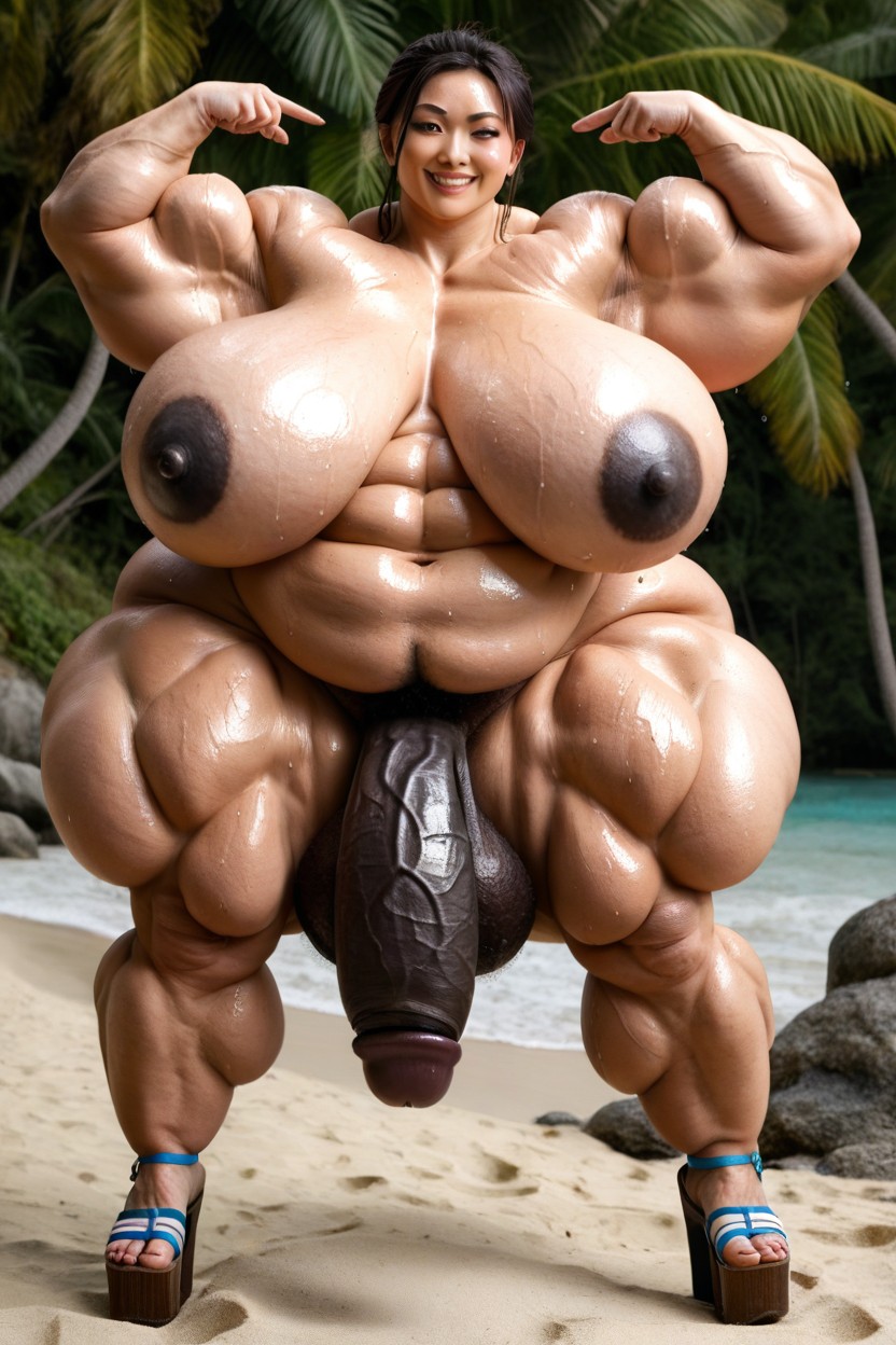 Beach, Thick Black Cock, Smug Expression Shemale AI Porn